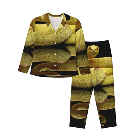 Horeoi Yellow White-Lipped Pit Viper Pattern Fashion Long Sleeve Button Cardigan Pajamas Set Loose Two-Piece Sleepwear For Women with Long Pants-XX-Large
