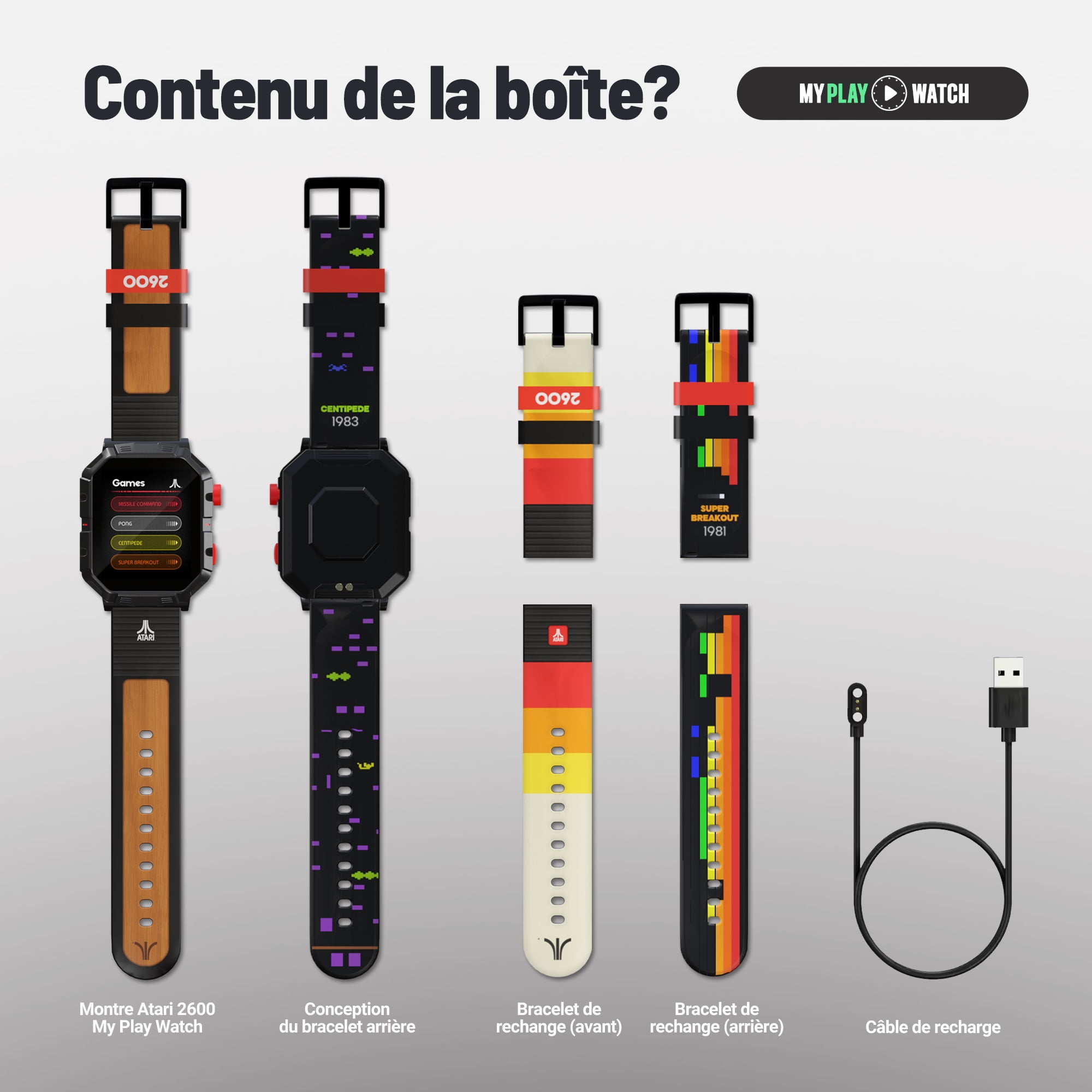 Atari 2600™ My Play Watch – Retro Gaming Smartwatch with Selective Tech, Non-Connected, Built-in Centipede™, Pong™, Missile Command™, Super Breakout™, Fitness Tracker