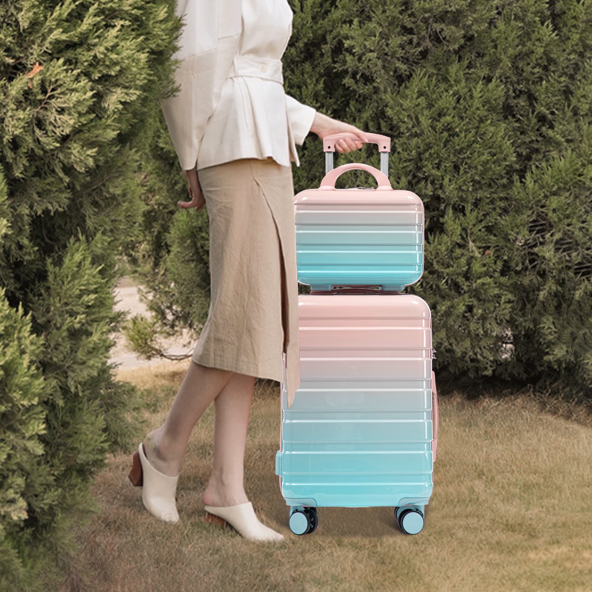Leumius 2 Piece PC Spinner Wheel Luggage Sets, Hardside Suitcase with Combination Lock, 20 inch Carry On Luggage & 14 inch Cosmetic Case