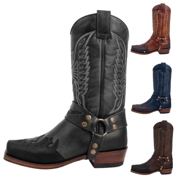 Men's Mid Calf Boots Square Toe Embroidered Western Style Boots Side Zipper Boots Low Heel