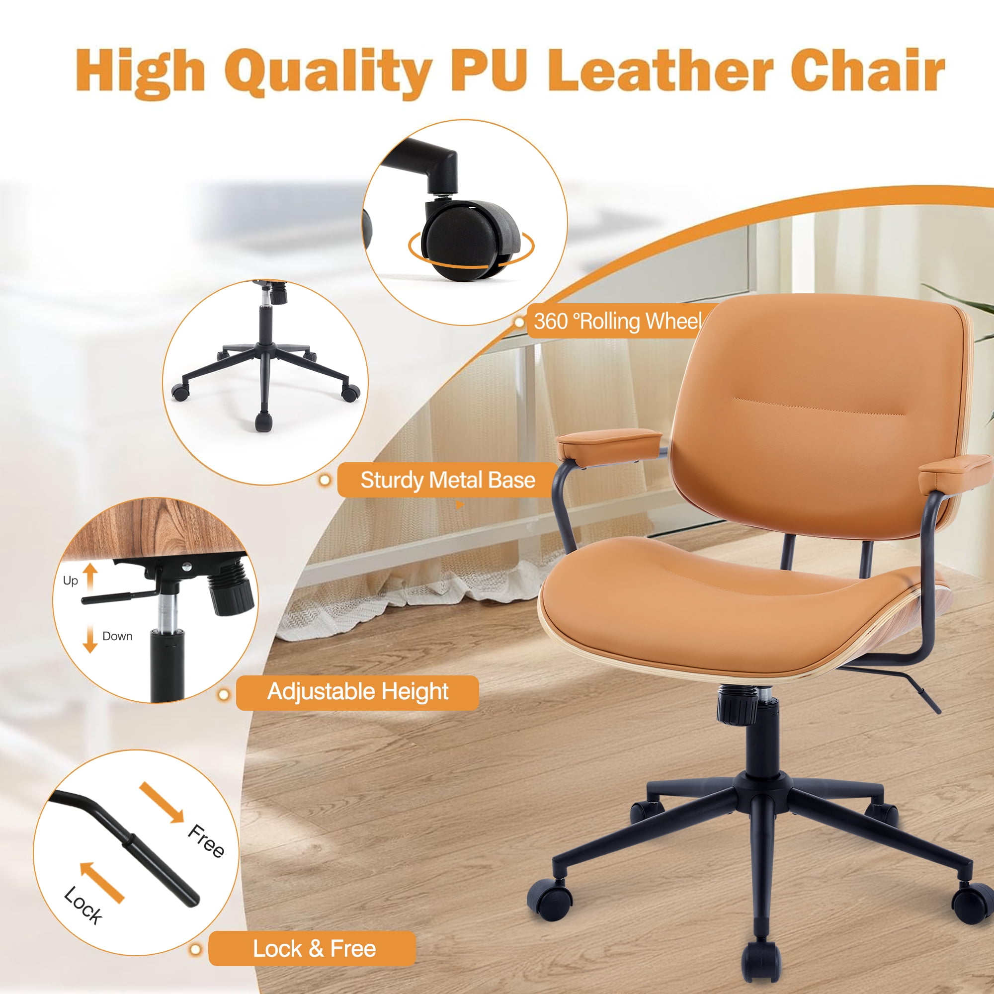 Mid Century Modern Home Office Chair, Adjustable Height Desk Chair with Wheel & Walnut Back, Swivel Rolling Task Chair for Home, Office, Reading Room, Orange