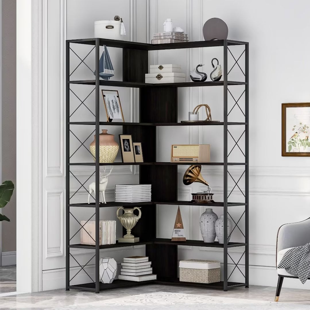 Corner Bookcase, 7Tier LShaped Tall Bookshelf with Open Storage, Freestanding Industrial