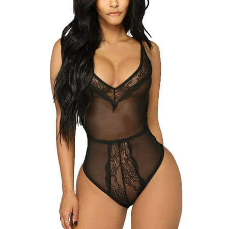 

DENGDENG Lace Mesh Spaghetti Strap Bodysuit Women Sexy Plus Size See Through Teddy Babydoll