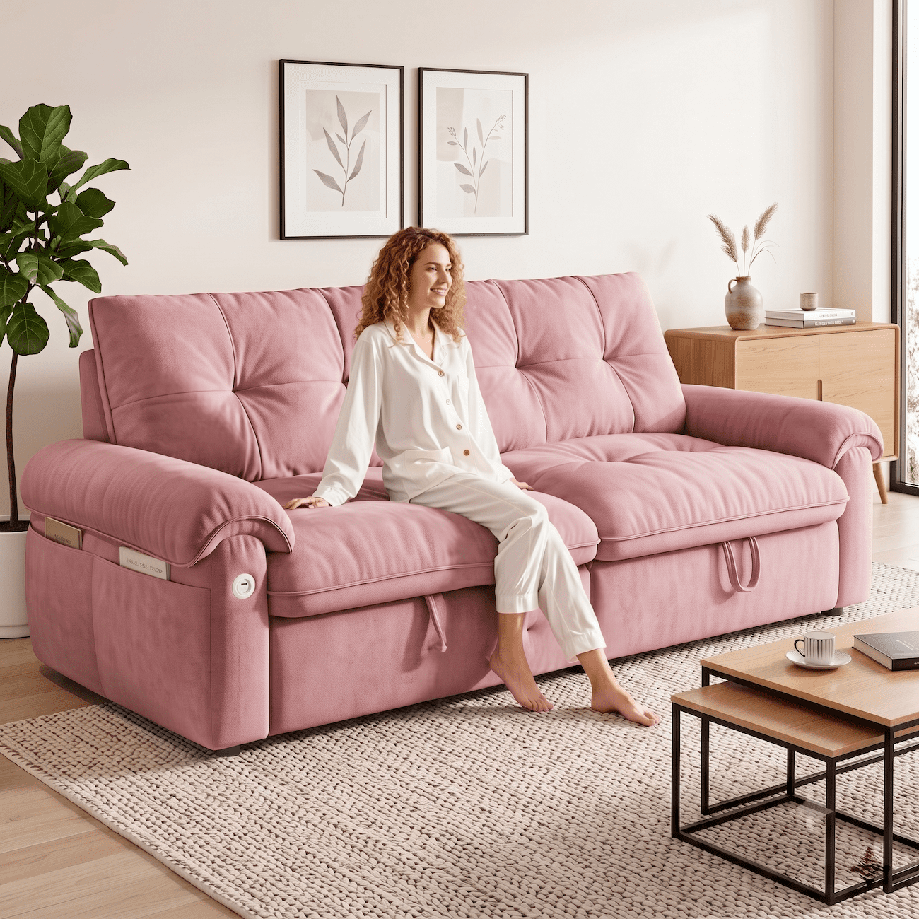 Xiweot Convertible Sleeper Sofa Bed, 77" Queen Size Pull Out Couch Bed with Adjustable Backrest, USB Ports & Side Pocket, Velvet Loveseat Sleeper for Living Room Small Space (Pink)