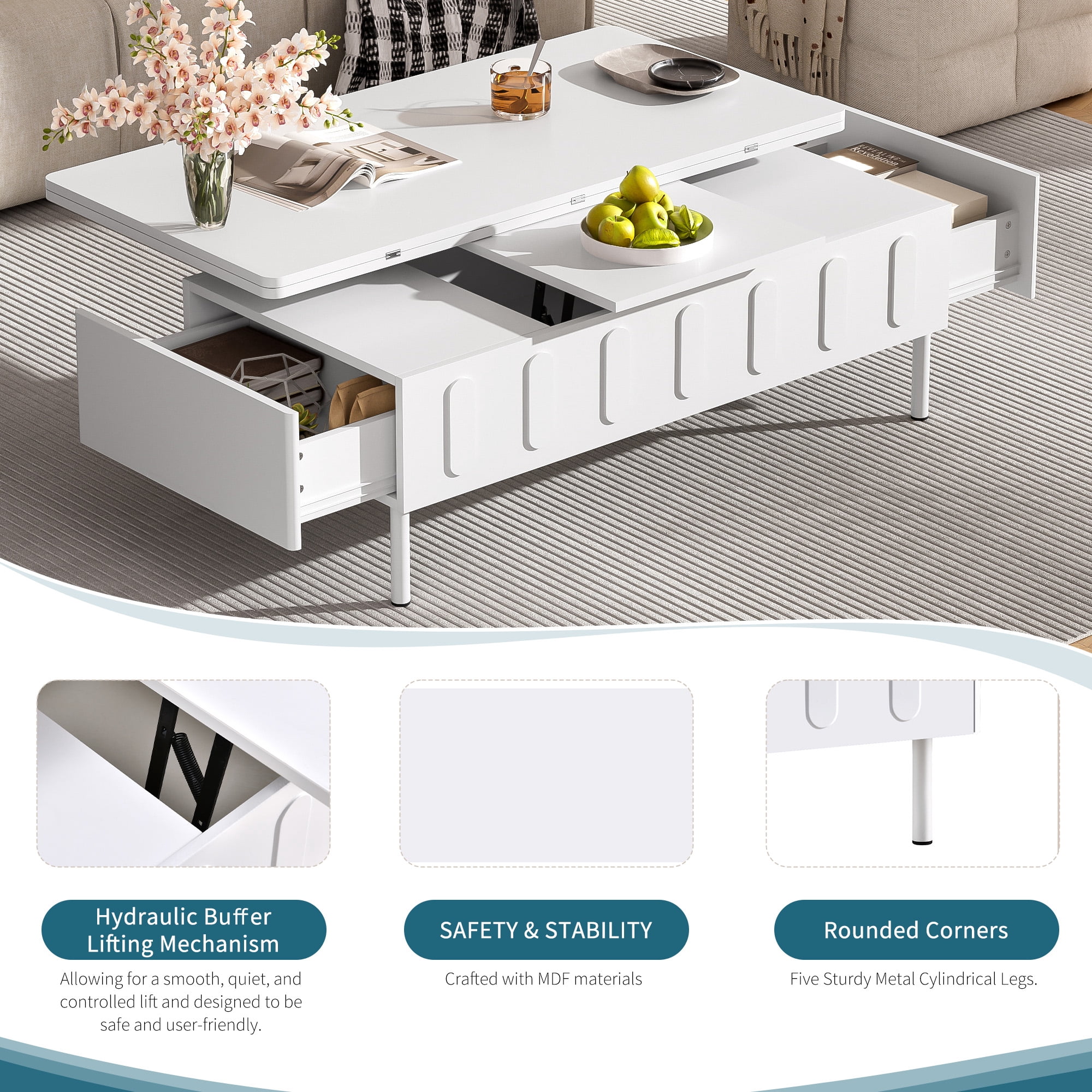 Euroco Modern Lift-Top Convertible Coffee Table – Multifunctional Workstation, Dining & Storage Table for Small Spaces