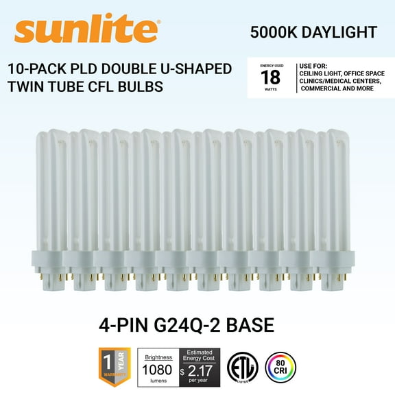 Sunlite PLD18/E/SP50K/10PK 5000K Super White Fluorescent 18W PLD Double U-Shaped Twin Tube CFL Bulbs with 4-Pin G24Q-2 Base (10 Pack)