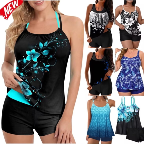 Taqqpue Plus Size Tankini Bathing Suits for Women Tummy Control Flowy Swimsuits Two Piece Athletic Swimwear Long Torso Tank Top with Sports Bra and Boyshorts Womens Swimsuits