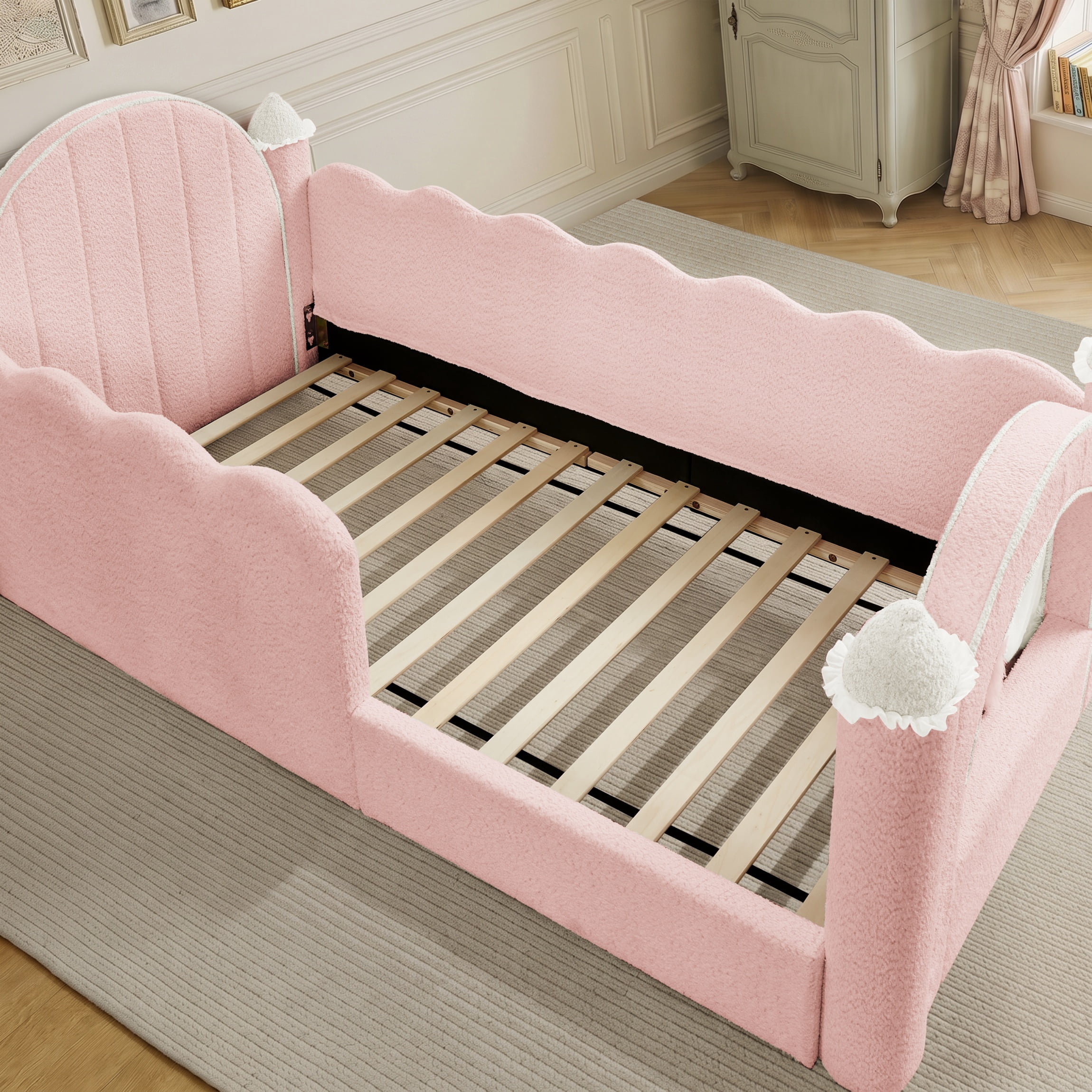 Twin Size Castle-Shaped Kids Floor Bed with Safety Guardrail, Low Profile Upholstered Platform Bed Frame with Small Curtain
