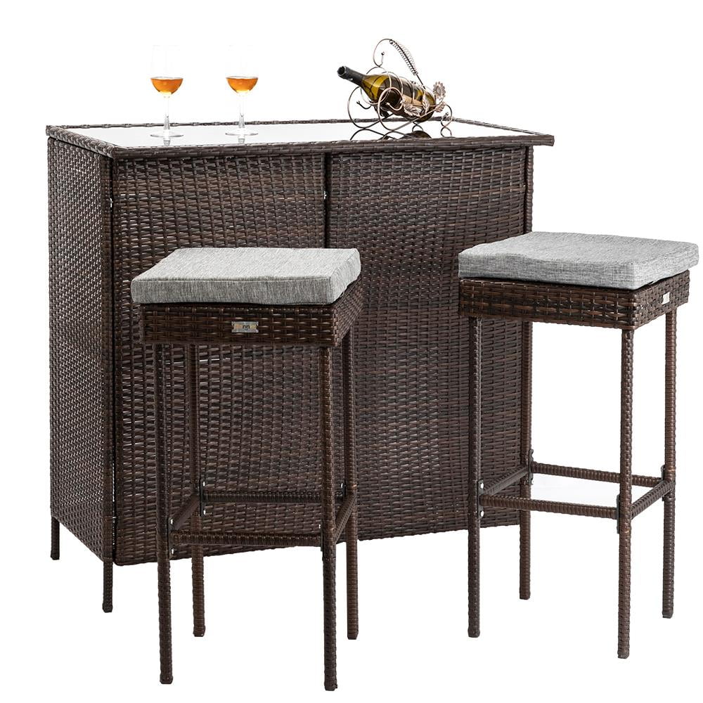 Ktaxon Patio 3 Piece Rattan Wicker Bar Stools Table Set Garden Dining