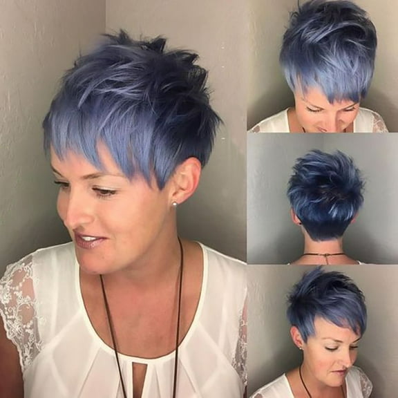 SUCS Sexy Short Wavy Curly Parting Synthetic Wig Wave Black Women Gradient Blue Wigs