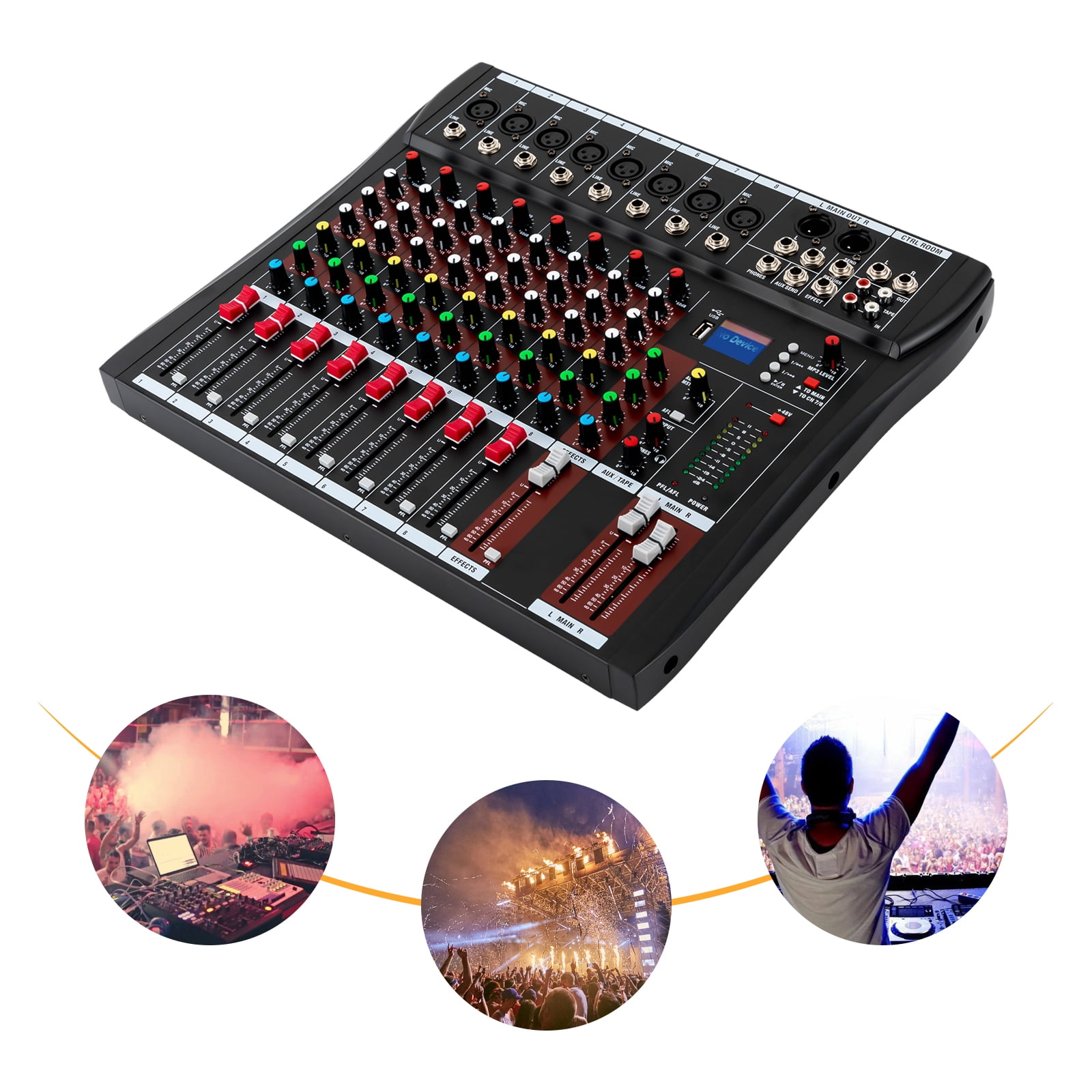 Professional Audio Mixer with 8 Mic Inputs, 3-Band Equalizer, 6 Built-in Music Styles, Real-time Monitoring, Ideal for Sound Customization