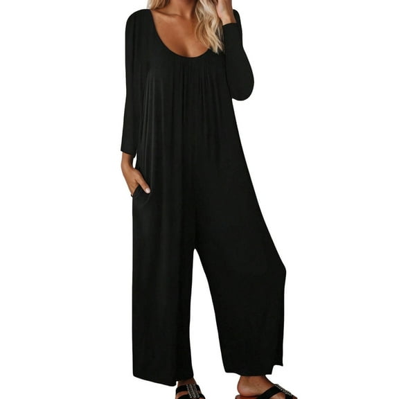 Women's Stylish Long Sleeve Jumpsuit with Ruffle Detail Versatile Four Season Wear Comfortable Wide Leg Design Pure Color Casual Outfit