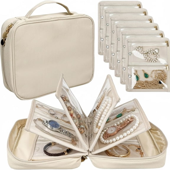 Travel Jewelry Organizer Case – Jewelry Binder with 6 Removable Pages & 24 Clear Velvet-Lined Zipper Pouches | Portable Storage for Earrings, Rings, Necklaces, Bracelets & Watches, Beige