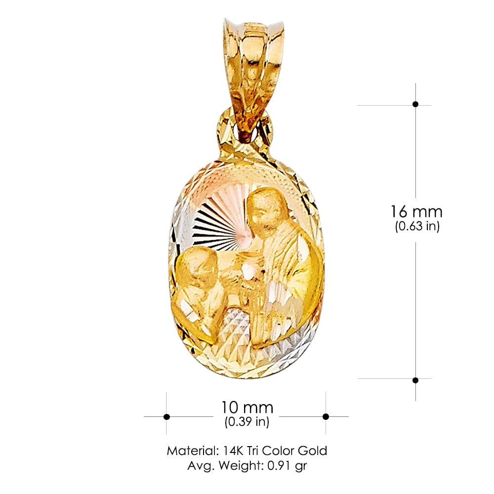 14K Tri Color Gold Diamond Cut Communion Stamp Religious Charm Pendant with 0.8mm Box Chain Necklace