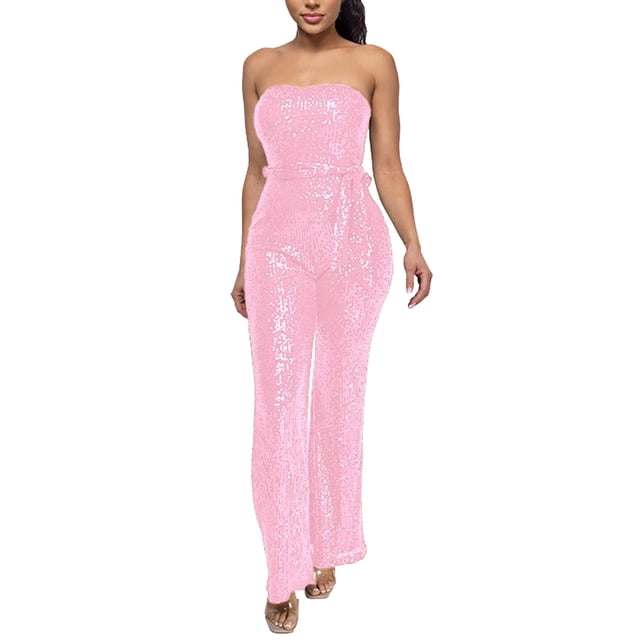 Wdgfv Robe à Sequins Sans Manches pour Femmes Combinaison à Sequins pour Soirée Rose TTG