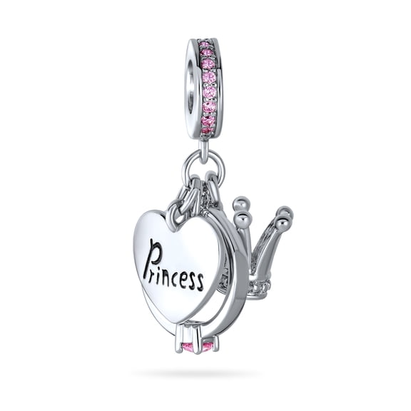 Bling Jewelry Womens Princess Heart Crown Ring Pink Crystal Dangle Charm Bead for European Bracelet