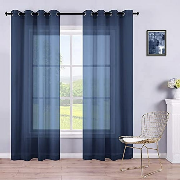 Navy Blue Curtains 108 Inches Long for Living Room Set 2 Panels Window Semi Voile Drapes Faux Linen Solid Transparent Dark Blue Curtains for Bedroom Party Backdrop 52x108 Inch Length