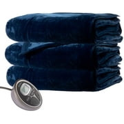 Sunbeam Queen Premium Soft Electric Heated Blanket Velveteen Plush 20 Heat Settings, Dual Controls, Silver Grey (Royal Blue)