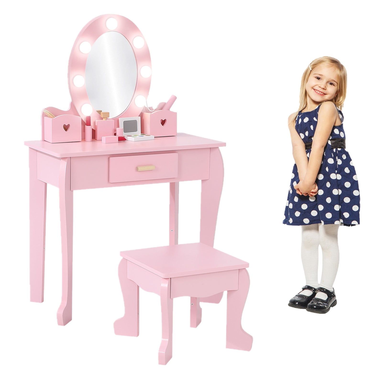 Kids Vanity with Mirror and Stool, Children Makeup Playset with Lights
