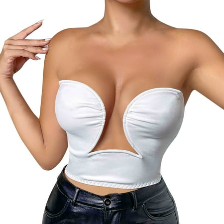 QYZEU Bralette for Women Large Bust Wireless Solid Color Deep V Bra Strapless Push Up Breathable Tank Top Casual Sleeveless Camisole Shape Wear Comfortable Bras White M