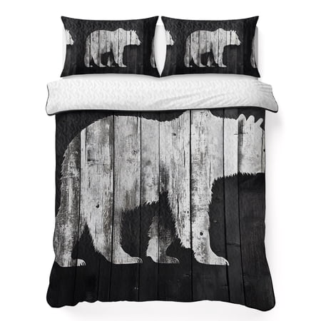 Queen Quilt Bedding Set Brown Bear Silhouette Lightweight Summer Quilted Coverlet for Hot Sleepers Retro Wooden Board Background Breathable Soft Cooling Blanket with 2 Pillow Shams for All Season