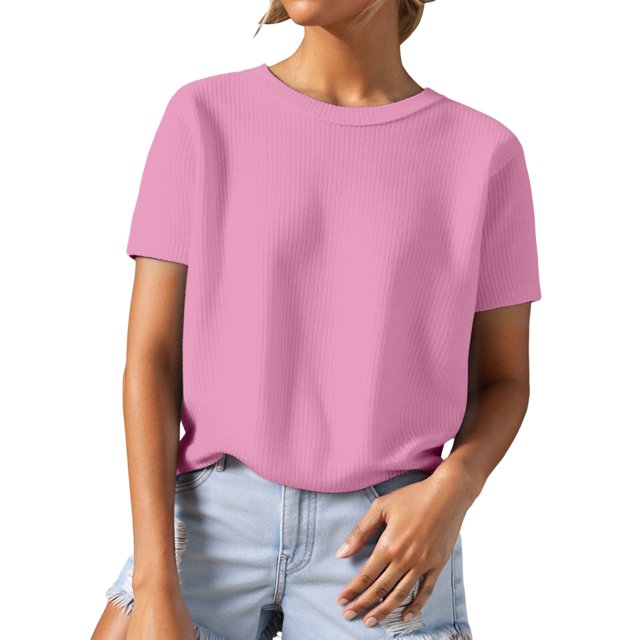 GPOECD T-Shirts Grande Taille pour Femmes Tricot Texturé Couleur Unie Col Rond Manches Courtes Style Décontracté pour un Port Quotidien Confortable Hauts Décontractés pour Femmes Rose,TTTG