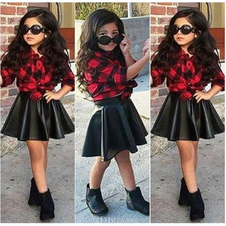 Kid Toddler Girls 2PCS Clothes Princess Plaid Tops Shirt +Leather Skirt Outfit