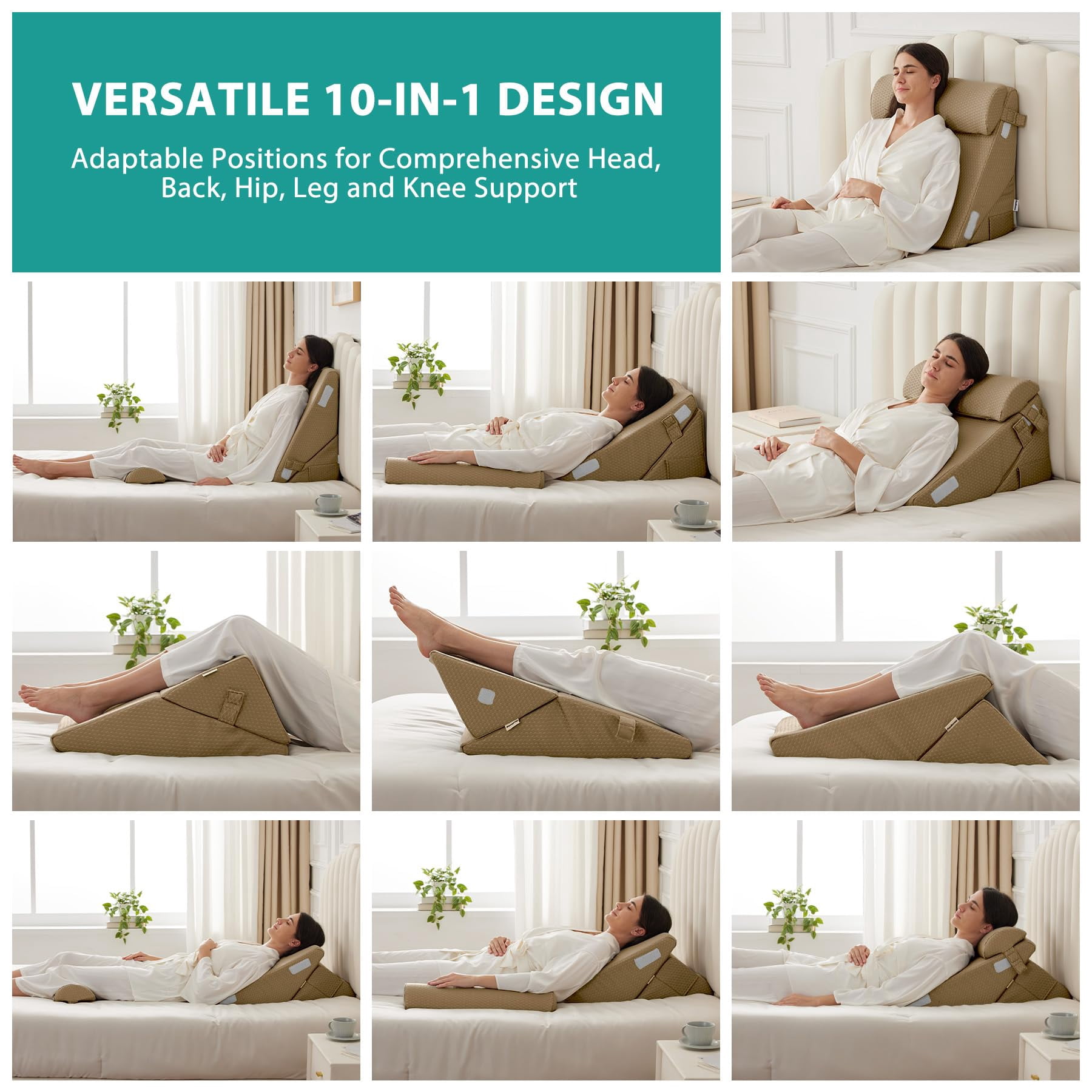 3pcs Bed Wedge Pillow Set  Foam For Leg And Support Adjustable 9&12 Inch Folding Triangle Sleeping Acid Reflux Brown