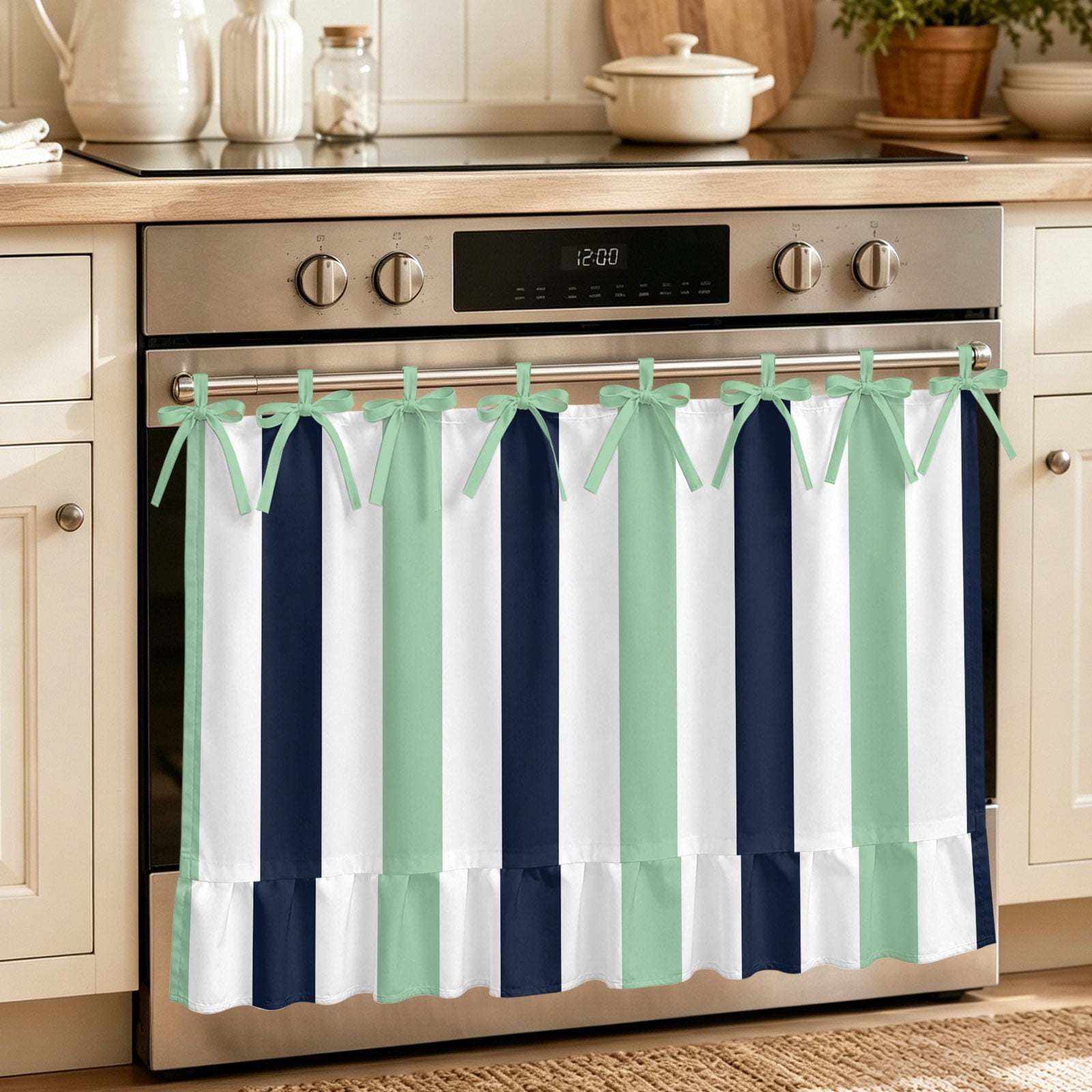 Oven Curtain for Kitchen Color-blocking Watercolor Stripe Stove Curtain With Ruffled Trim Dishwasher Curtains Simple Navy Green Striped Oven Skirt 30 x21.5