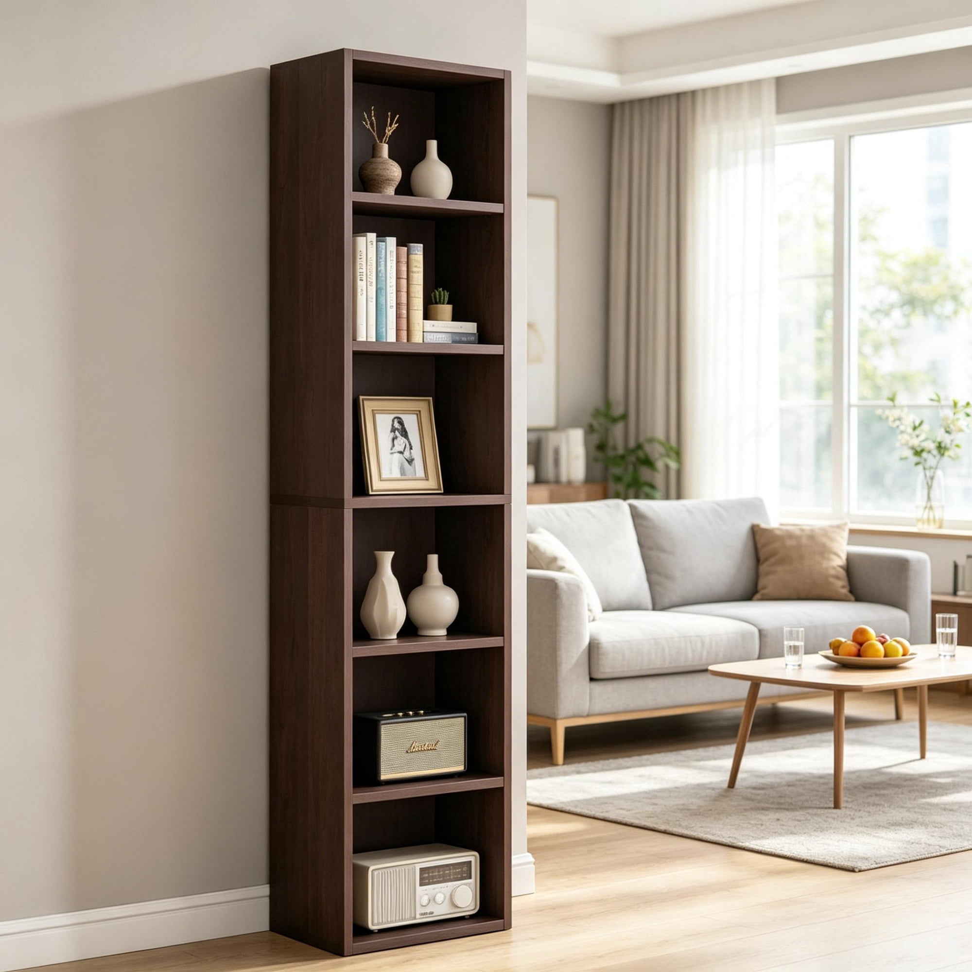 Tall Slim 6-Tier Corner Bookshelf, Narrow Cube Storage Shelf Made of MDF with Anti-Tip Kits, Display Rack for Living Room Bedroom Bathroom Small Corners
