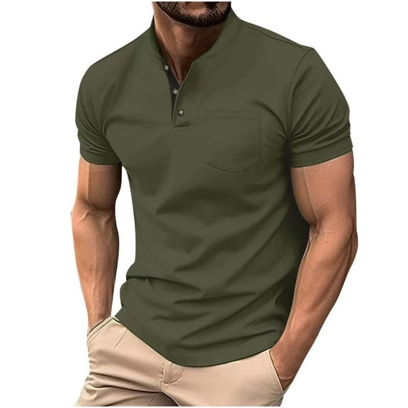 HOOMEUMY Men's Shirts Casual V-Neck Button Stand-up Collar Shirts Short Sleeve Shirt Solid Color Casual Fashion Summer Comfy Lightweight Shirts (Army Green,XXL)