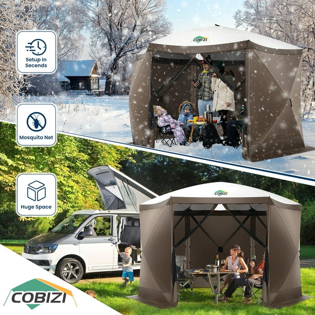 COBIZI 12x12 Pop Up Canopy Gazebo Outdoor Canopy Tent Screen House with 6 sidewalls and Netting for Camping Waterproof UV Resistant Ez Set up Party Tent with Carrying Bag and Ground Stakes Brown