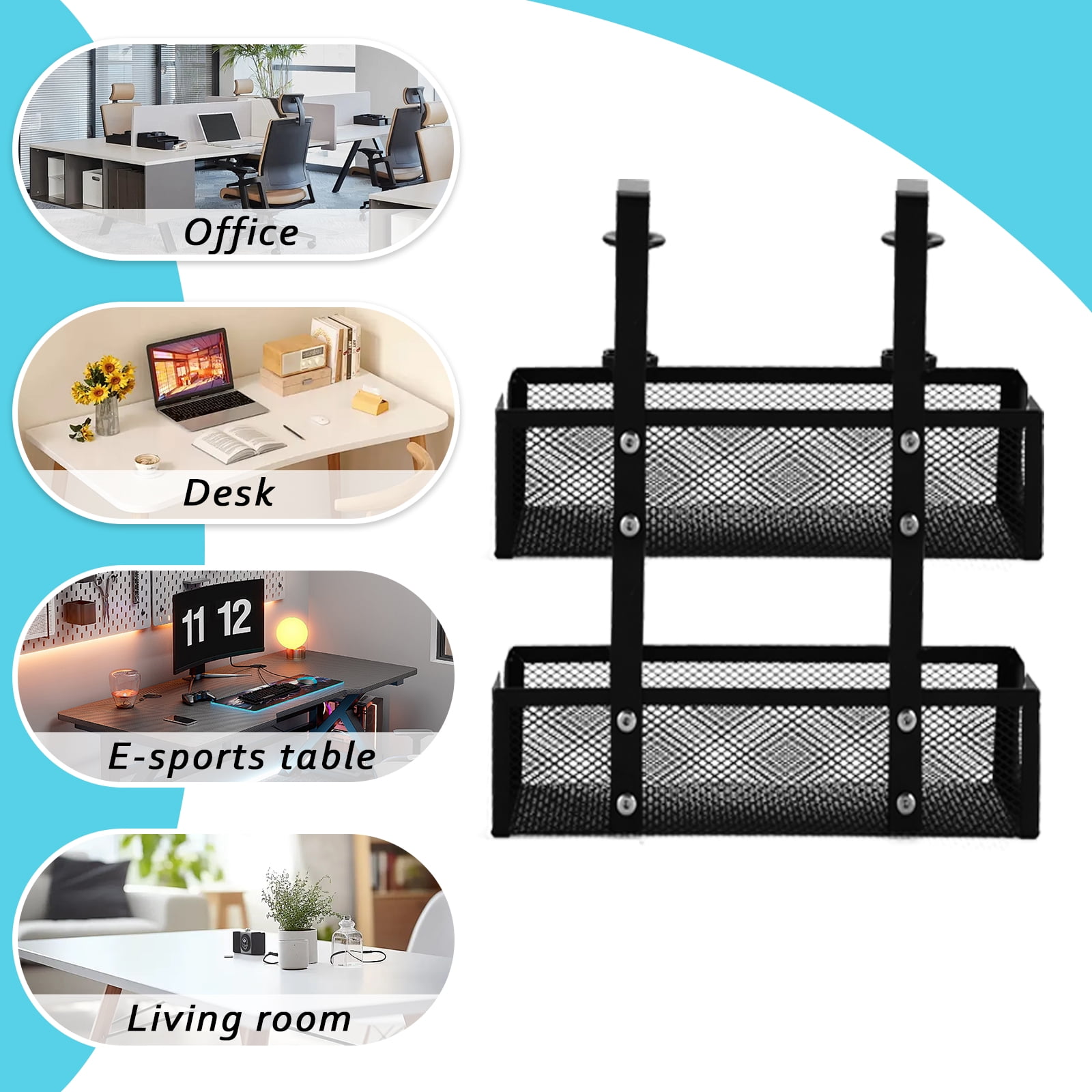 FT Hita 2 Layer Under Desk Cable Management Trays Black No Drill Cable Management Box With Clamp Cord Organizer for Office, Home,Gaming Desk
