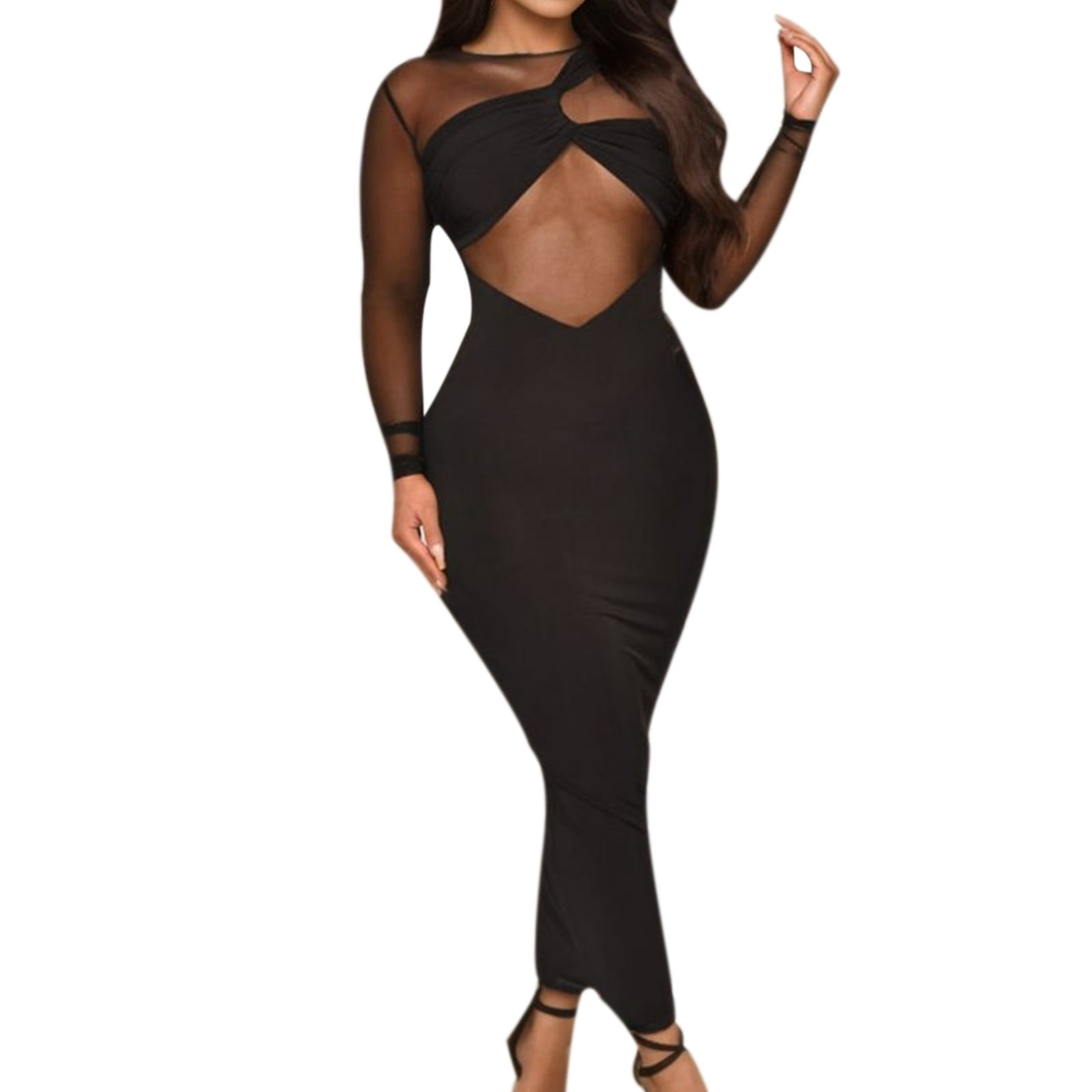 Womens Dress Stylish Dresses for Women Women s Sexy Sheer Mesh See Through Party Bodycon Solid Color Long Sleeve Dress Adult Female Clothes Black Size S Walmart