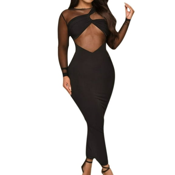 Women's Sexy Sheer Mesh See Through Party Bodycon Solid Color Long Sleeve Dress
