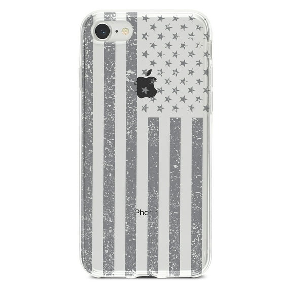 DistinctInk Clear Shockproof Hybrid Case for iPhone 7 8 SE (2020 Model) 4.7" Screen TPU Bumper Acrylic Back Tempered Glass Screen Protector - Weathered Grey US Flag