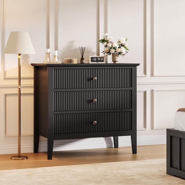 QinaQin Commode Cannelée pour Chambre à Coucher, Table de Nuit Blanche de 31,5 Pouces à 3 Tiroirs et Armoire de Rangement