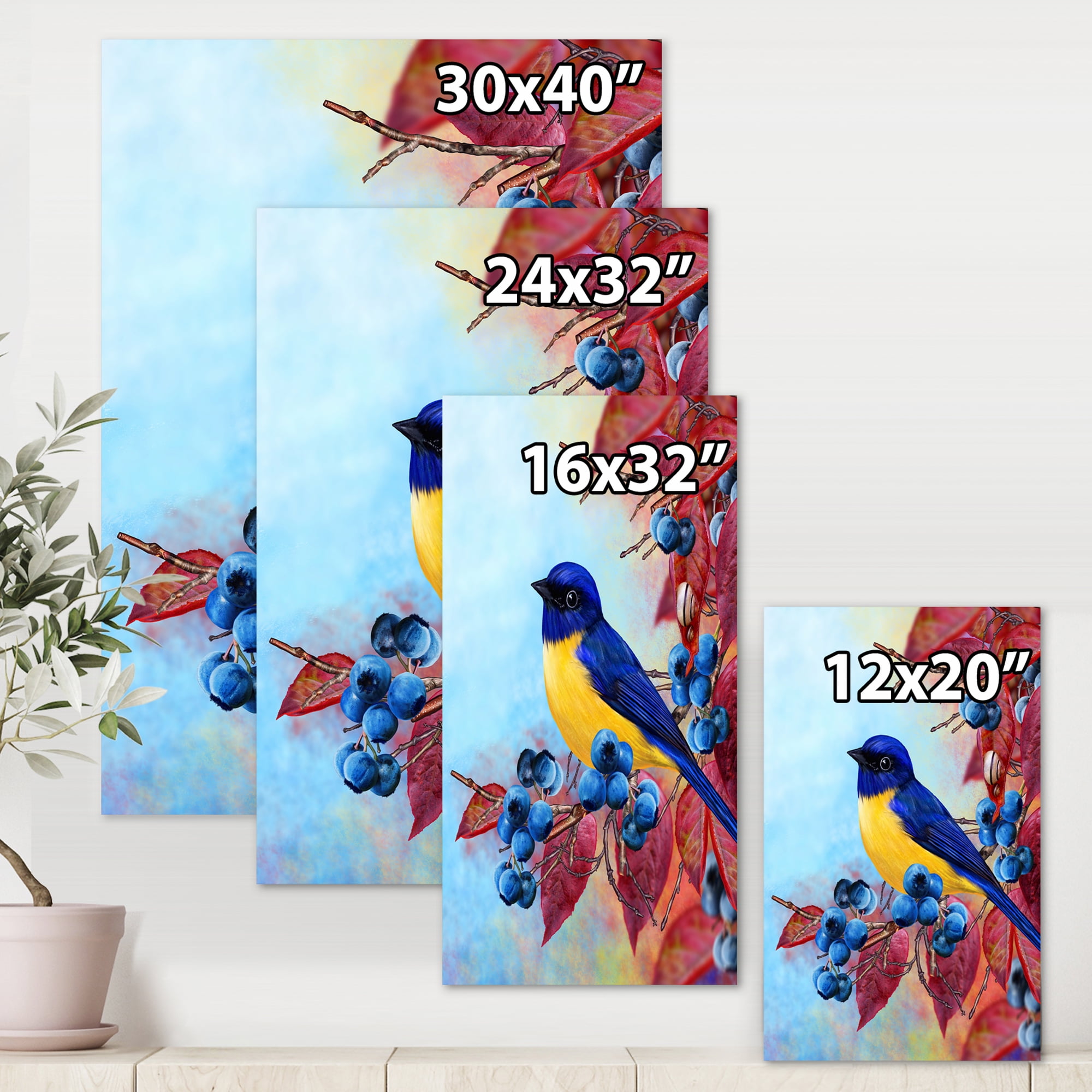 Designart ' Bright Bird Bullfinch Sitting On A Branch of Berries I ' Traditional Canvas Wall Art Print