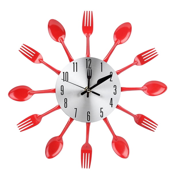 Reloj de cubiertos de acero inoxidable, cuchillo y tenedor, cuchara, reloj de pared, decoración de cocina, rojo