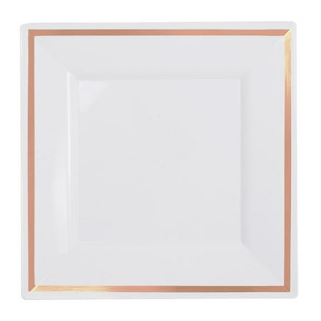Rose Cake Plate - Exquisite Wedding & Party Dinnerware, Disposable Plastic Square Dinner Plates (9.5 Inch) - White with Rose Gold Rim - 40 Pack
