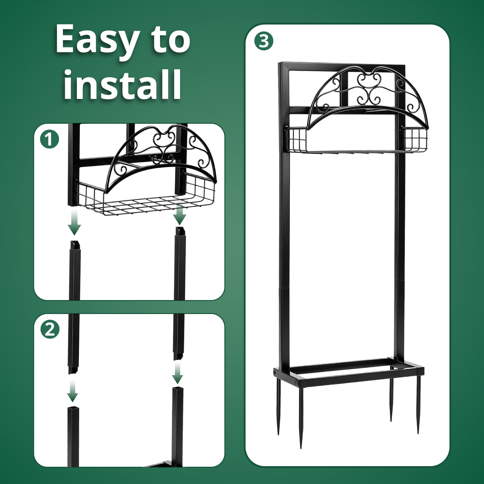 Garden Hose Holder, Water Hose Holder Stand with Storage Basket, Heavy Duty Freestanding Garden Hose Hanger Storage Rack with 4 Spikes for Outside Yard Lawn Farm, Black