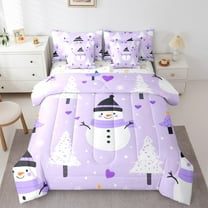 Manfei Winter Purple Snowman Bedding Comforter Set 7pcs, Merry Christmas Queen Bedding Sets, Teens Boys Girls Kids Reversible Queen Sheet Sets, Ultra Soft Home Decor
