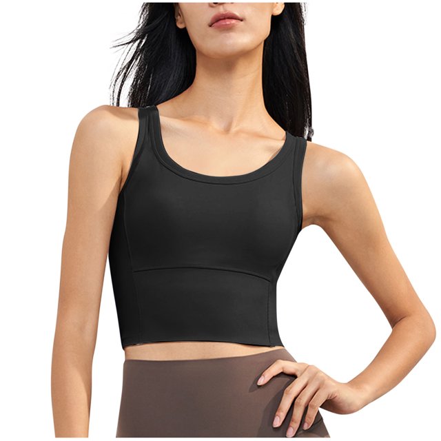 Puntoco Camisetas sin mangas ajustadas para mujer Blusa deportiva con cuello redondo y almohadón en el pecho de color liso para mujer