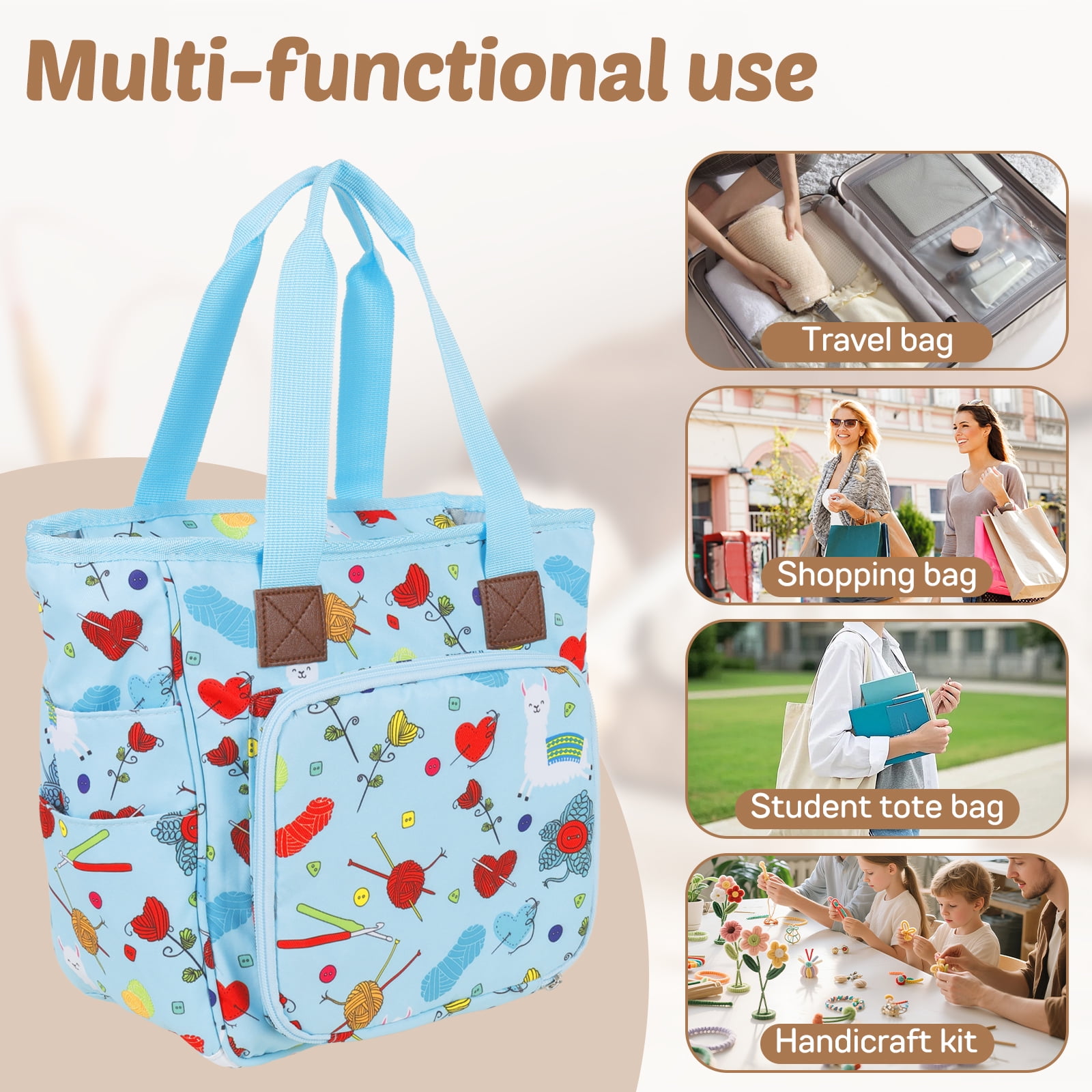Threns Crochet Yarn Storage Bag Large Capacity Travel Knitting Bag Portable Oxford Cloth Wool Tote Organizer with Multi Pocket for Knitting Needle Crochet Hook