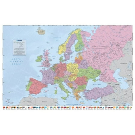 Political Map of Europe - Flags Political Reference Educational Poster - 36x24 inch