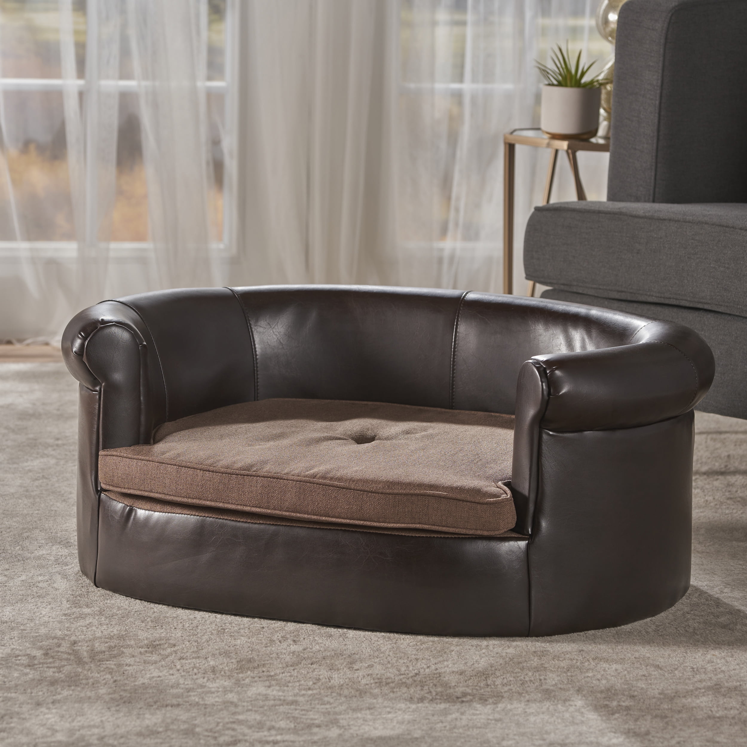 Quentin Noble House Oval Leather Dog Sofa, Dark Coffee, Brown