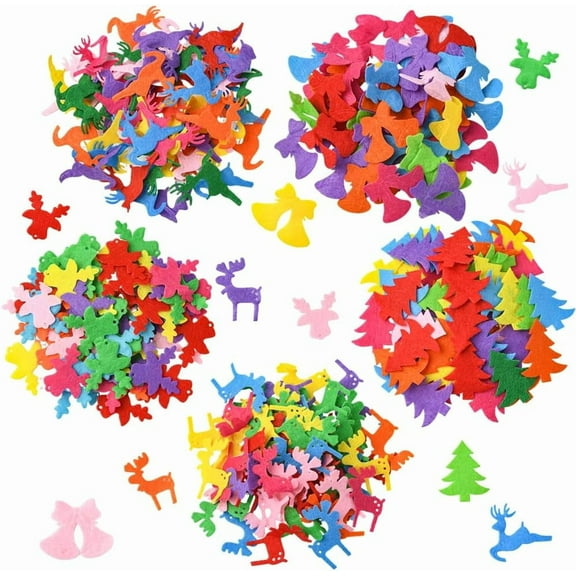 300Pcs 5 Styles Christmas Embellishments Felt Shapes Random Mixed Colorful Non Woven Fabric Holiday Xmas Craft Sewing Clothes Bags Decoration Colorful