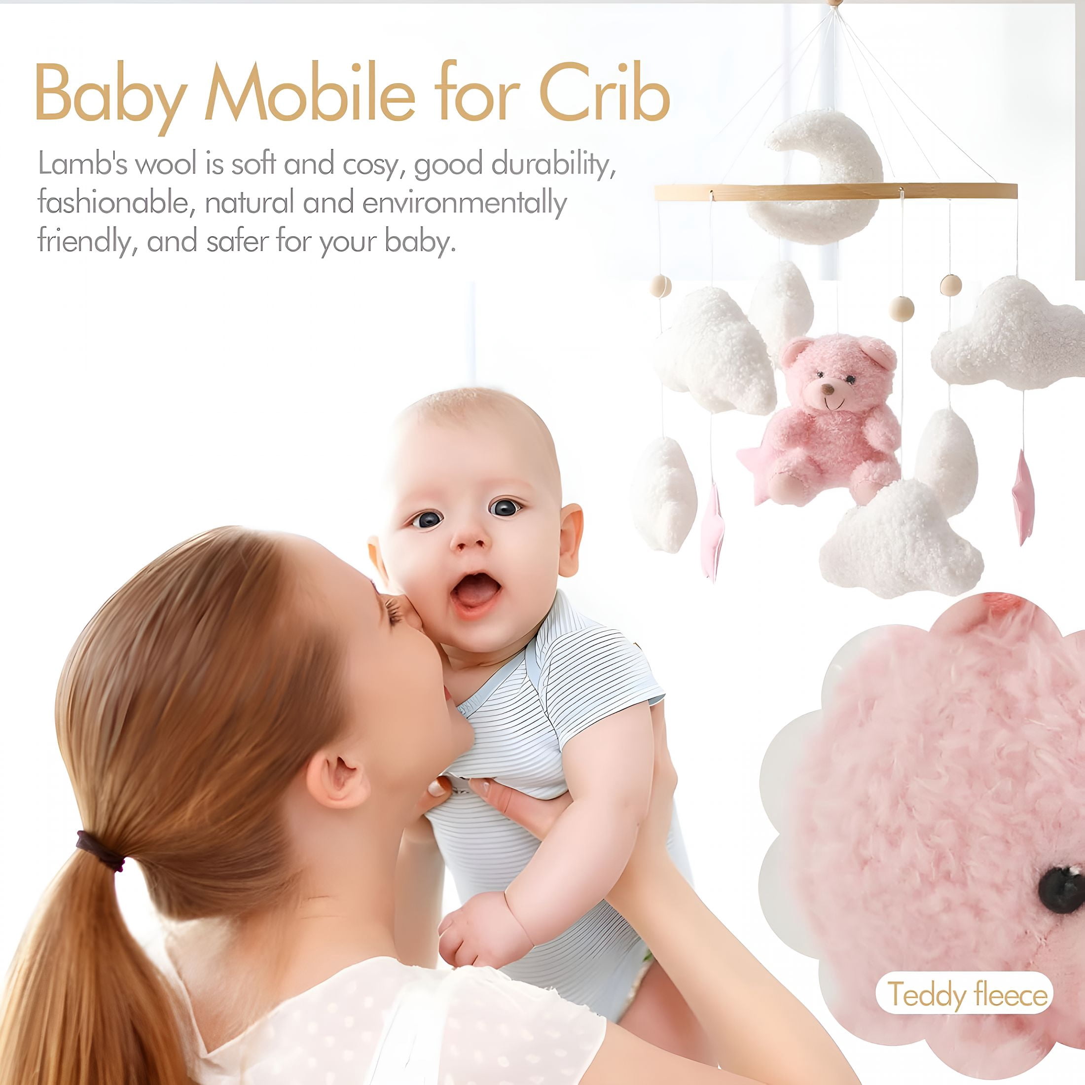 XIBUFE Baby Crib Mobile Bear Nursery Mobile for Boys Girls Teddy Velvet Mobile Nursery Decor for Infant Bedroom Hanging Baby Mobile for Bassinet Newborn Baby Gift（Pink Bear）