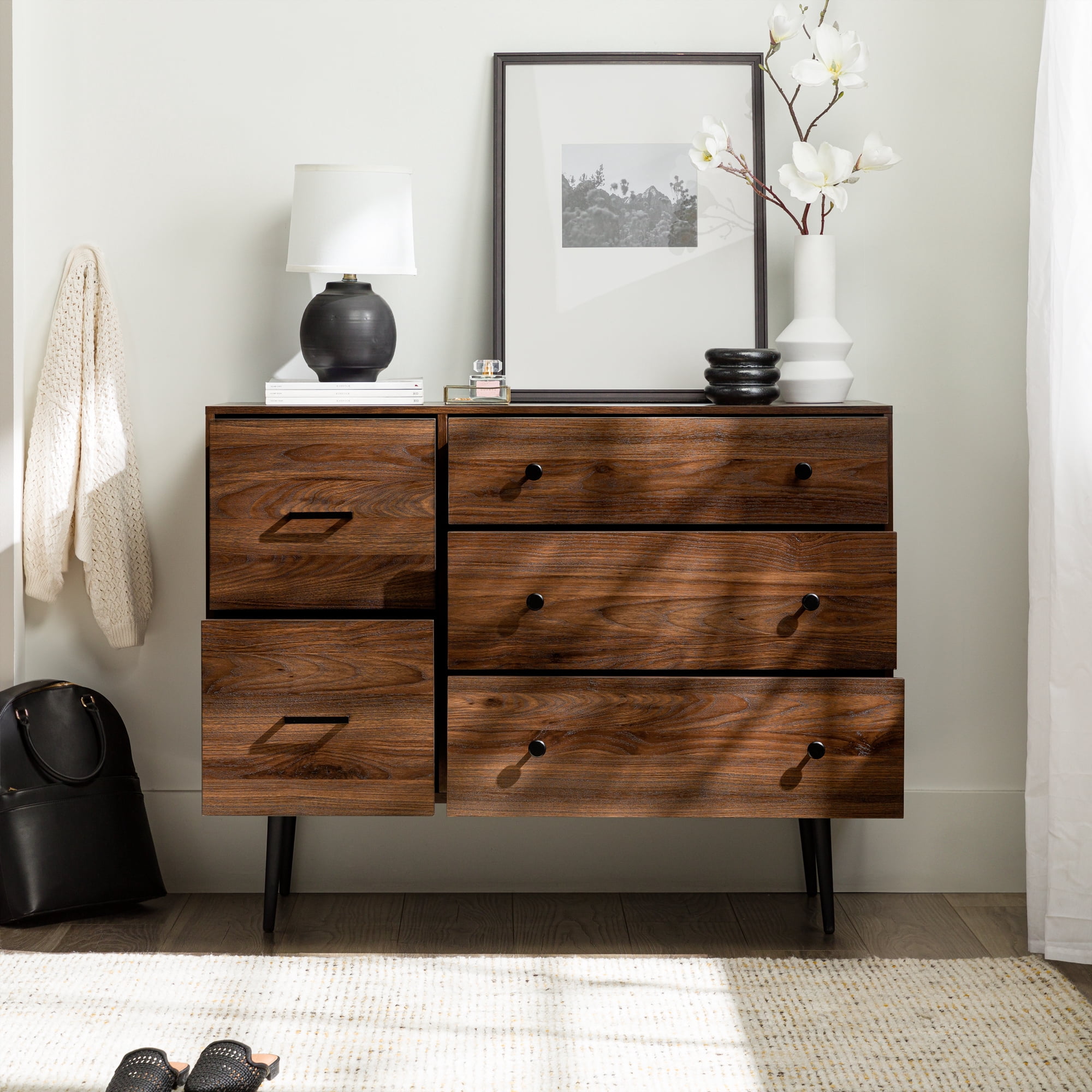 Walker Edison Modern Asymmetric 5 Drawer Wood Dresser, Dark Walnut
