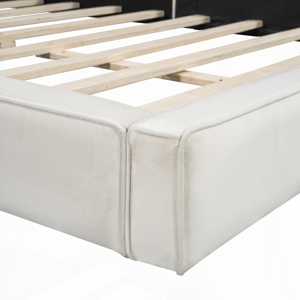 Queen Size Velvet Upholstered Bed with Solid Frame, Beige